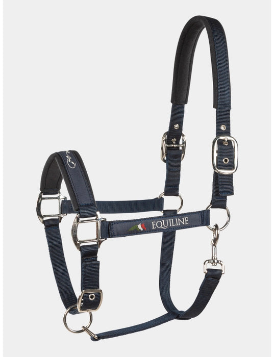 Equiline licol pour cheval réglable et doublé sur la têtière pour un confort optimal de la tête du cheval. vendu chez Sellerie Fouilhoux Fontainebleau. Couleur bleu marine