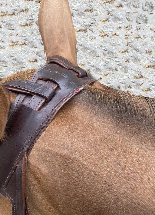 Zoom sur la têtière ergonomique du filet Grégory Cottard par GBS. Idéal pour préserver la tête de votre cheval de tout pression. En vente chez Fouilhoux sellier. 