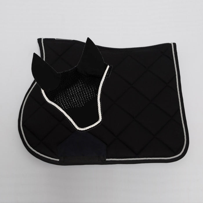 LAMI-CELL - Ensemble Diamond Tapis de selle + bonnet Cheval. Noir et liséré argenté. Très chic, sobre pour le concours de CSO