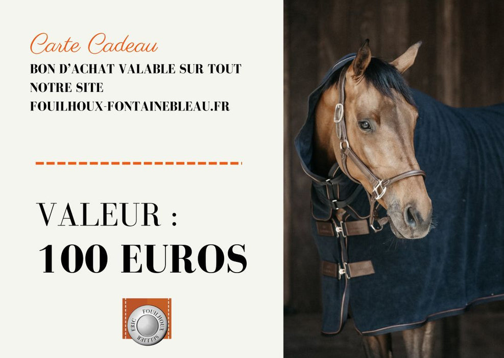 carte cadeau 100€ pour du matériel pour ton cheval avec Sellerie Fouilhoux fontainebleau.