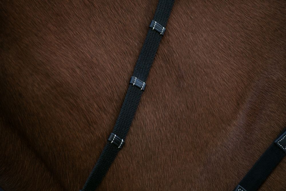 renes en tissus avec arrtoires, taille cheval. Par HVN. Couleur noir. FInitons cuir surpiqués. Vendues par Fouilhoux Fontainebleau. détails
