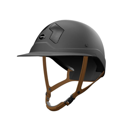 Casque d'équitation armet Flex on pour cavalier. Visiière mixte. Model noir mat, jugulaire marron. Vendu par fouilhoux fontainebleau