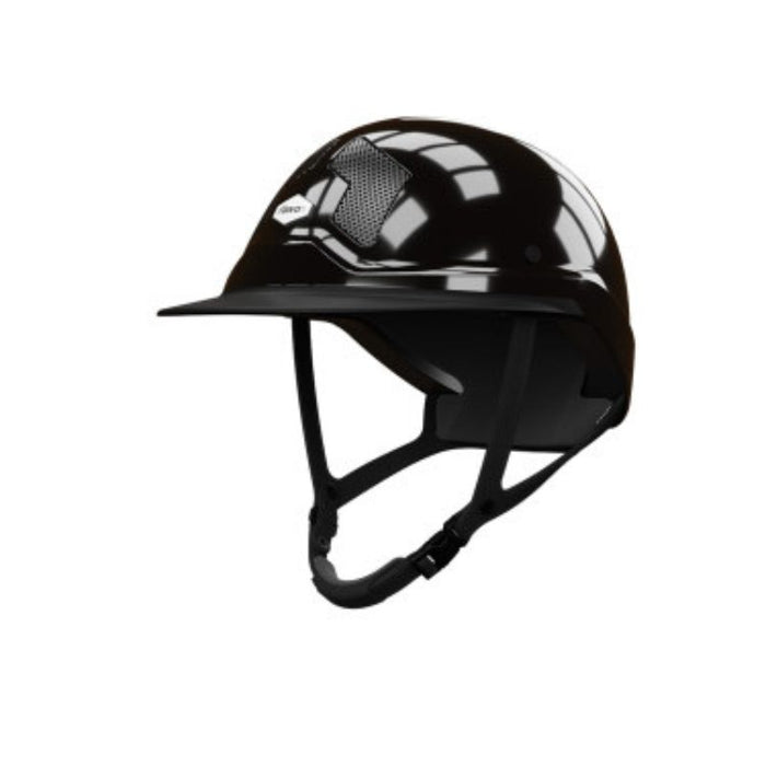 Casque d'équitation Harmet Flex on pour cavalier. Visière mixte. model noir shine, jugulaire marron. Vendu par fouilhoux fontainebleau